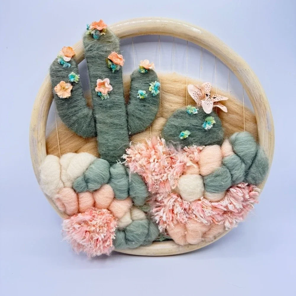 Handmade Woven Cactus‎ Wall Art Fiber Decor Sage Green Peach Desert Hoop Hanging